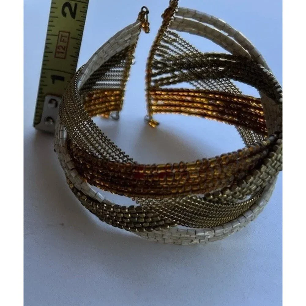 Vintage Glass Seed Bead Pieces Cuff Bracelet Brown Gold Y2K Women’s Sz 7.5”